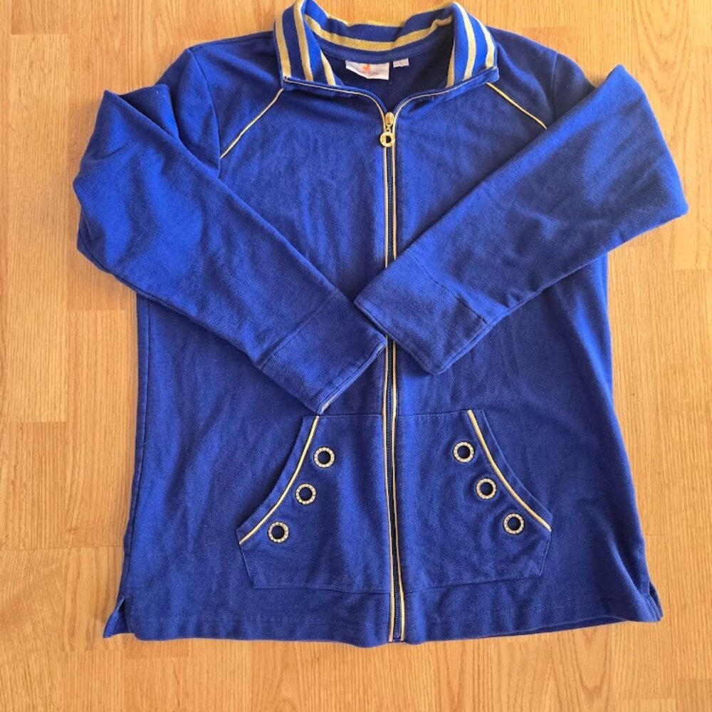 Quacker Factory Blue Rhinestone Track Jacket Gold Trim‎ Size L